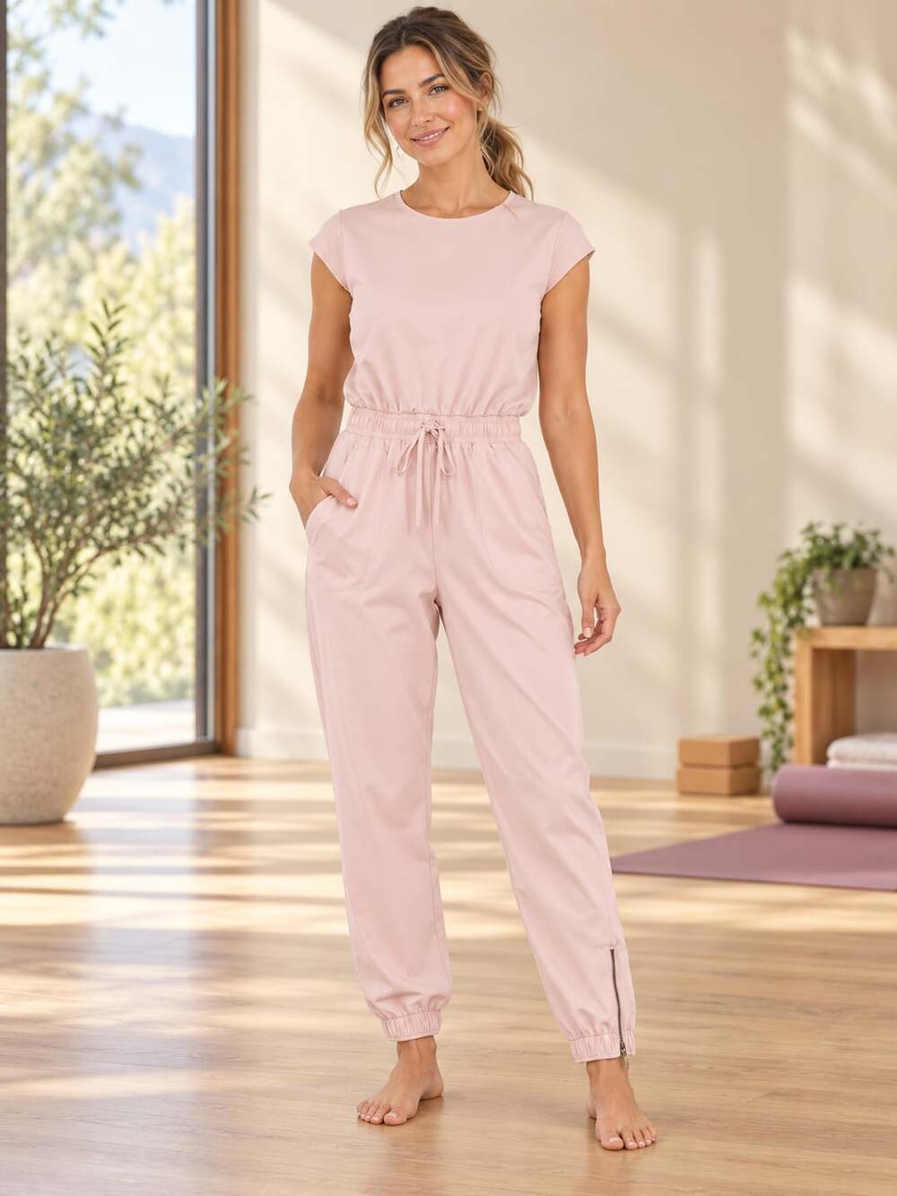 Albion Fit Jetsetter Jumpsuit Pink Short Sleeve Ankle Zip Jogger M